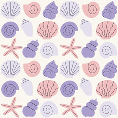 Cute and simple vector pattern with different Sea Shells in a row. Hand drawn seamless texture with exotic ocean shells. Beautiful marine background - 722841902