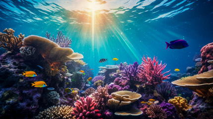 Suns rays penetrate sea surface and illuminate multicolored coral reef with floating fish - obrazy, fototapety, plakaty