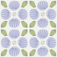 Beautiful seamless pattern with hand drawn Sea Shells and Pearls. Vector marine texture with symmetrical shells. Beautiful undersea background