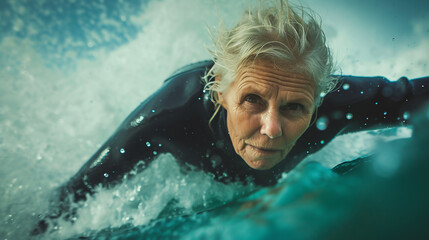 Senior woman surfer. 