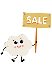 Funny cloud mascot holding a wooden sign with sale inscription