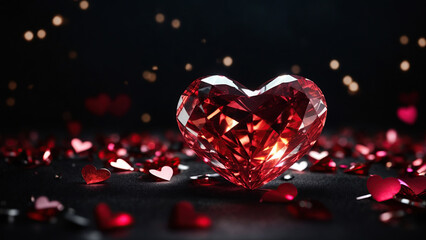 Close-up of the play of light on the facets of a ruby heart against a black background.