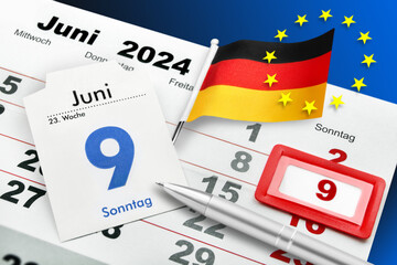 Kalender Datum 9. Juni 2024 Europawahl mit Deutscher Flagge - obrazy, fototapety, plakaty