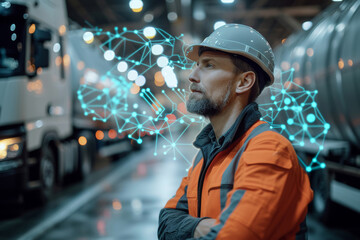 Industrial Worker with Digital Network Visualisation.
Industrial worker in a reflective vest with a network pattern overlay, indicating advanced logistics technology.