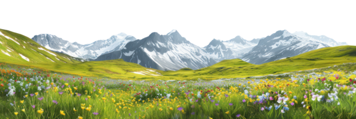 Mountain landscape in the mountains with blooming meadows, cut out - stock png.