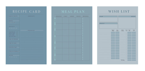 Recipe Card Meal Plan Wish list planner. (Ocean)