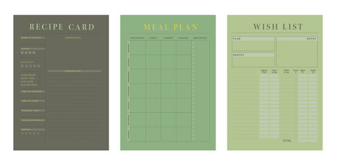 Recipe Card Meal Plan Wish list planner. (Forest)