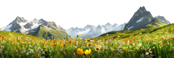 Mountain landscape in the mountains with blooming meadows, cut out - stock png.
