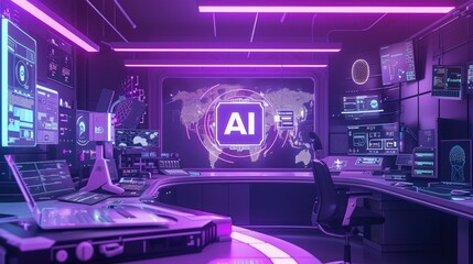 Obraz premium High Tech Lab with AI Chip and surrounded by various electronic devices, AI, Artificial Intelligence concept, futuristic and technological background