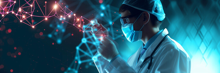 Medical technology, innovation health and medical research, healthcare and medicine concept. Doctor or technician working with AI data analysis, lab experiment, data science