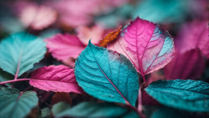 Natural macro texture of beautiful leaves toned in blue and purple pink tones. Flat lay ai image 