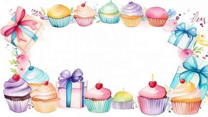 Colourful frame made of birthday cakes and gifts with space for text , birthday card, illustration 