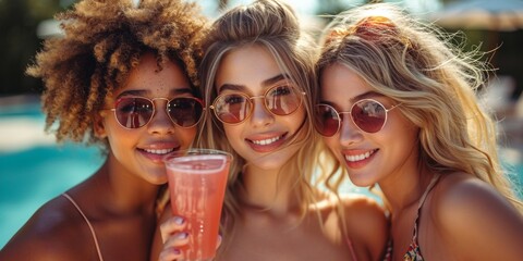 Joyful friends sharing laughter and drinks by the pool during a summer vacation.