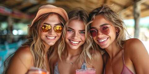A stylish and cheerful group of friends enjoying a beach vacation, taking selfies and having fun.