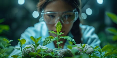 A Chinese woman scientist examines medicinal plants in a biological laboratory for pharmaceutical research. - obrazy, fototapety, plakaty