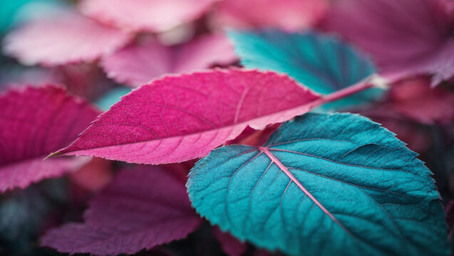 Natural macro texture of beautiful leaves toned in blue and purple pink tones. Flat lay ai image 