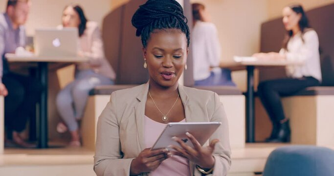 Face, black woman in business and arms crossed with tablet in office, coworking and corporate research info. Portrait, confident African professional and happy consultant reading email on technology