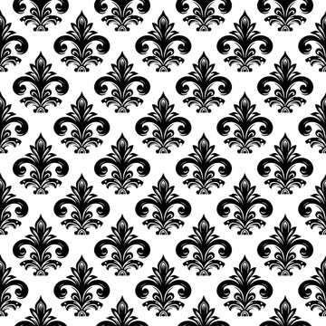 Damask Fabric textile seamless pattern Luxury decorative Ornamental floral divider Black line vintage decoration element white Background © Sone