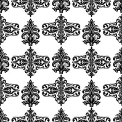 Obraz premium Damask Fabric textile seamless pattern Luxury decorative Ornamental floral divider Black line vintage decoration element white Background