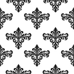 Damask Fabric textile seamless pattern Luxury decorative  Ornamental floral divider Black line vintage decoration element white Background