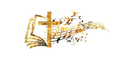Golden christian cross with music notes isolated vector illustration. Religion themed background. Design for gospel church music, choir singing, concert, festival, Christianity, prayer