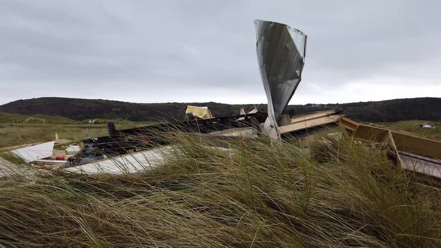 Caravan is blown away by storm Isha or Jocelyn in Portnoo, County Donegal, Ireland
