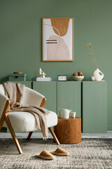 Elegant living room interior design with mockup poster frame, modern frotte armchair, wooden...