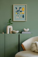 Elegant living room interior design with mockup poster frame, modern frotte armchair, wooden...