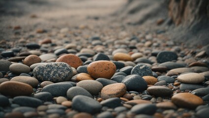 Shallow depth of field image of river, lake or sea pebbles and stones on a shore.
