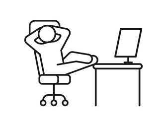 Person relax on work chair on computer, line icon. Man rest on workplace, calm on chair. Lazy tired person, break time. Vector