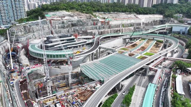 Drone Aerial Skyview in Tseung Kwan O Lam Tin Tunnel Interchange highway flyover ramp motorway road connects Kai Tak Development and Central Kowloon Route in Hong Kong Kwun Tong near Victoria Harbour