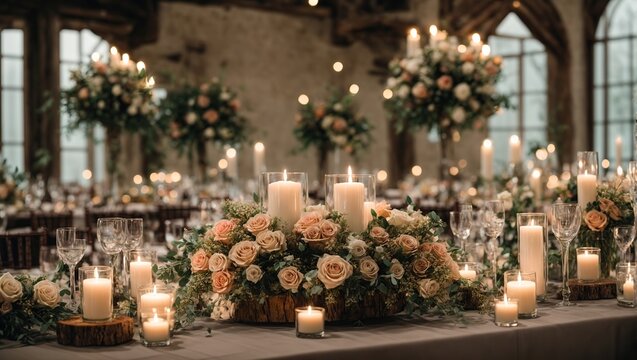 rustic wedding decorations with flowers and candles,banquet decor, picture with soft focus 