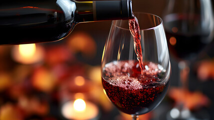 Red wine being poured into a glass with a blurred background of a festive dinner setting.
