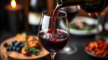 Red wine being poured into a glass with a blurred background of a festive dinner setting. - obrazy, fototapety, plakaty