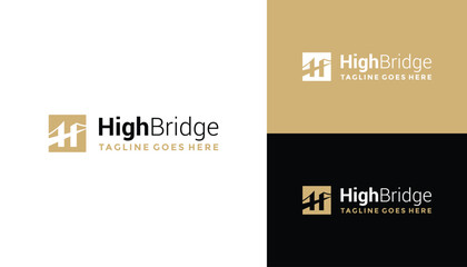 Golden Initial Letter H with Square Frame Bridge Road For Building and Architecture Logo Design