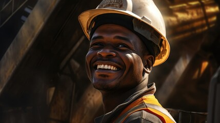 Happy man construction worker with safety helmet and orange vest. World labor day background concept	