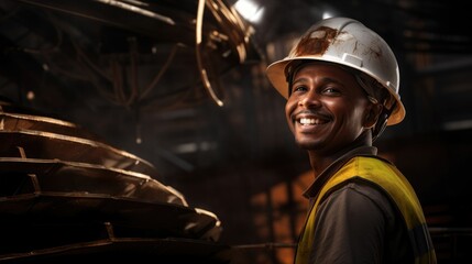 Fototapeta na wymiar Happy man construction worker with safety helmet and orange vest. World labor day background concept 