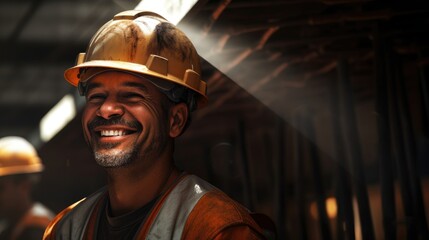 Happy man construction worker with safety helmet and orange vest. World labor day background concept	