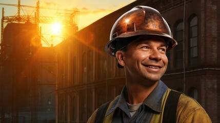 Happy man construction worker with safety helmet and orange vest. World labor day background concept	
