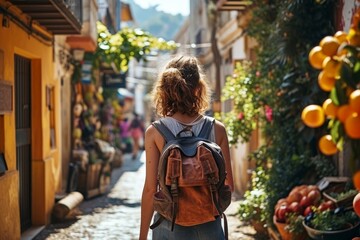 Traveler girl in street of old town in Spain. Young backpacker tourist in solo travel. Vacation,...
