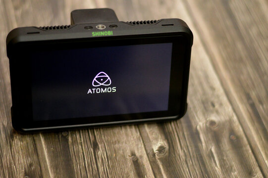 Cairo, Egypt, January 25 2024: Atomos Shinobi 4K HDMI Monitor is a 5.2 inches on-camera monitor that monitors DCI 4K, UHD 4K, and HD video input, features a 10-bit FRC IPS screen, selective focus