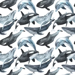 Whales seamless pattern. Repeating texture with marine mammals. Watercolor illustration. Dolphin, killer whale, humpback whale. Hand drawn isolated on a white background. Textile, fabric, wallpaper © Elena