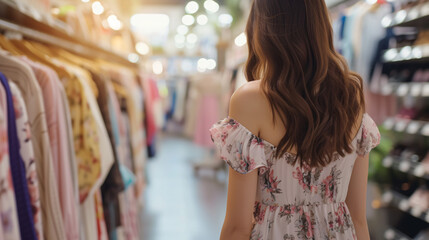 Woman choosing dress in clothing store