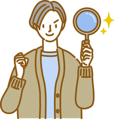 虫眼鏡を持ってガッツポーズをする女性