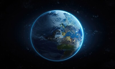 an earth planet that is situated in the dark viewed from space universe with blue light ring around it.