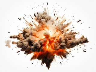 Big explosion effect with grey smoke isolated on white background.