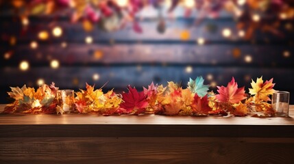 Naklejka na ściany i meble Maple autumn leaves on the wooden table with light bokeh background. Autumn seasonal background concept.
