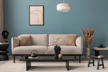 Foto op Plexiglas Creative composition of living room interior with mock up poster frame, grey sofa, black coffee table, blue wall, stylish furnitures, decorations and personal accessories. Template. Home decor.  © FollowTheFlow
