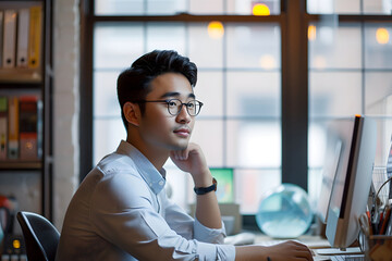 Focused young man working on computer in a modern office setting with natural light.