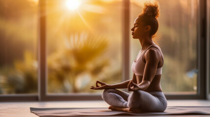 Young Woman Practicing Yoga in a Peaceful Gym Environment
